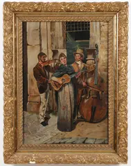 Street Musicians by Continental School, Oil on canvas, sold Jun 2025