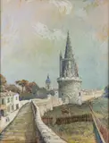 Ernest-Jean Chevalier, Medieval City Wall with Tower, Watercolor and gouache