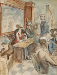 John Steuart Curry, Parisian Café, Watercolor ink and graphite on paper
