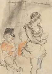 John Steuart Curry, Beauty and Clowns, Pencil, charcoal and Conte crayon on paper