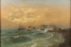 John Olsen Hammerstad, Dusk Seascape with Ships in Stormy Water, Oil on canvas