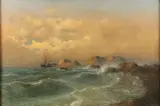 John Olsen Hammerstad, Dusk Seascape with Ships in Stormy Water, Oil on canvas