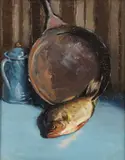 Alma Held, Still Life with Fish & Frying Pan, Oil on artist board