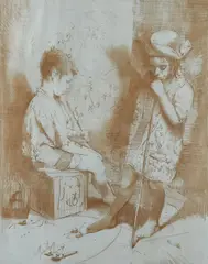 Conger Metcalf, Street Artists, Oil wash on coated paper