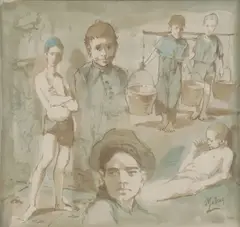 Conger Metcalf, Study of Children, Watercolor on paper