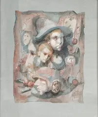 Conger Metcalf, Studies of Heads, Watercolor, ink and wash on paper
