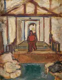 Abe Birnbaum, Interior Scene with standing Figure, Oil on canvas board