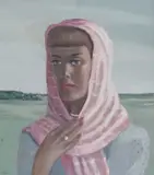 Dorothy Young Graham, Woman with Pink Head Scarf, Watercolor and gouache on cardboard