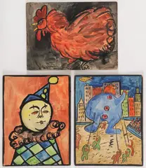 Zero Mostel, A Clown, A Rooster, and Macey’s Thanksgiving Day Balloon - a group of three, Watercolor on card