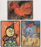 Zero Mostel, A Clown, A Rooster, and Macey’s Thanksgiving Day Balloon - a group of three, Watercolor on card