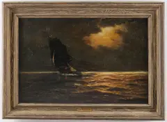 Moonlite Seascape with Sailboat by Richard Dey de Ribcowsky, Oil on canvas laid down on board, sold Jun 2025