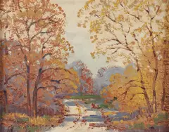 Ernest Fredericks, Firey Autumn Near Nashville Indiana, Brown County, Oil on canvas