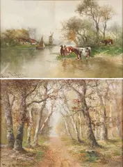 Watering Cattle & Tree Lined Path - a pair by Hugo Anton Fisher, Watercolor, sold Jun 2025