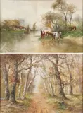Hugo Anton Fisher, Watering Cattle & Tree Lined Path - a pair, Watercolor