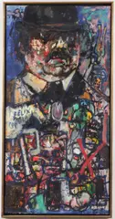 Zero Mostel, Portrait of a man in bowler hat, Oil and tempera on board