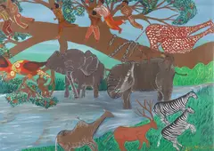 Carl McKenzie, African Jungle Scene with Animals & Human Figures, Oil on canvas