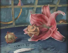 Still Life with Oriental Lily by Gil Bruvel, Oil on artist board, sold Jun 2025