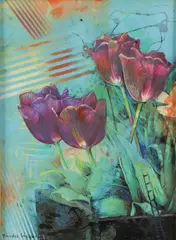 Study for Crimson Tulips by Yankel Ginzburg, Acrylic and pastel on wood, sold Jun 2025