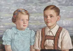 Erich Säuberlich, Portrait of a Young Girl in a Blue Floral Dress and a Young Boy in Lederhosen -, Oil on canvas