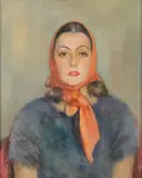 German School, Portrait of a Woman with an Orange Head Scarf, Oil on Masonite