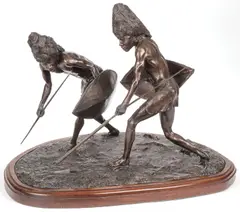 Robert Glenn, Hunters Tracking Prey, Bronze with dark brown patina, on integral walnut base
