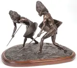 Robert Glenn, Hunters Tracking Prey, Bronze with dark brown patina, on integral walnut base