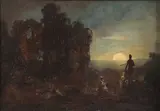 European School, A Moonlite Landscape with Knight, Maiden & Musician, Oil on canvas