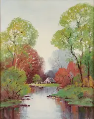 Ernest Fredericks, Fall River Landscape with Cottage, Oil on canvas