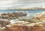 Norman Merritt, Maine Coastal Scene with Lighthouse, Watercolor