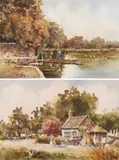 Gerald Edwin Tucker, September River & Village Gossip - a pair, Both watercolor on paper