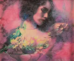Woman in Flowers by Yankel Ginzburg, Acrylic and pastel on board, sold Jun 2025