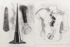 John Mandel, Monument with Obelisk & Torso with Geometric Shapes - a pair, Both charcoal on paper