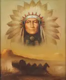 Indian Chief and Stagecoach by American School, Oil on canvas, offered Apr 2025