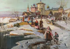 Georgij Aleksandrovič Lapšin, The Beginning of Spring in a Russian Village, Oil on canvas