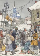 Lev Mikhailovich Khaylov, Winter Market Scene, Watercolor and ink