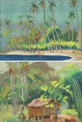Boris Dmitrivich Grigoriev, Blue Bay and Native Hut, Gouache on board