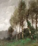 Spring Barbizon Landscape with Birch Trees by Jean-Baptiste Camille Corot, Oil on canvas, offered Nov 2024