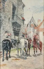 Olaf Carl Setlzer, Three Cavalrymen on Village Street, Oil on canvas board