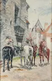 Olaf Carl Setlzer, Three Cavalrymen on Village Street, Oil on canvas board
