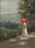 Woman with Red Parasol by Continental School, Oil on board, sold Nov 2024