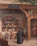 Albert Paul Guillaume, A priest looking shocked outside an antique store selling sacred religious items, Oil on wood panel