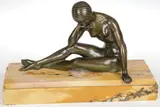 Jean Pierre Morante, Reclining female nude, Bronze with dark brown patina on a sienna marble base
