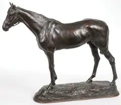 A Standing Horse by Emmanuel Frémiet, Bronze with dark brown patina on integral base, sold Nov 2024