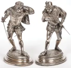 Cavaliers preparing for a duel by Emile Guillemin, Pair of silver plate bronze sculptures, sold Nov 2024