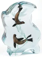Kitty Cantrell, Swimming Sea Lions, Pewter figures in Lucite Sculpture