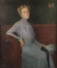 Paul Türoff, Portrait of an Elegant Woman in Silk Dress with Feather Fan, Oil on canvas