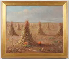 Harry Spiers, Corn Shocks and Pumpkins a Harvest Scene, Oil on board