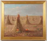 Harry Spiers, Corn Shocks and Pumpkins a Harvest Scene, Oil on board