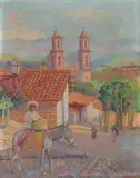 Julio Castellanos, View of Taxco Mexico with Figures, Oil on canvas