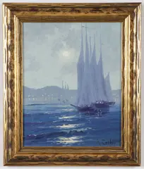 R. Colby, A sailing vessel in moonlight, Oil on canvas